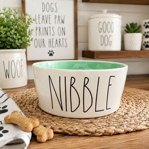 Rae Dunn "NIBBLE" Dog Pet Bowl XL 8" LL White Mint Green Ceramic Artisan Magenta